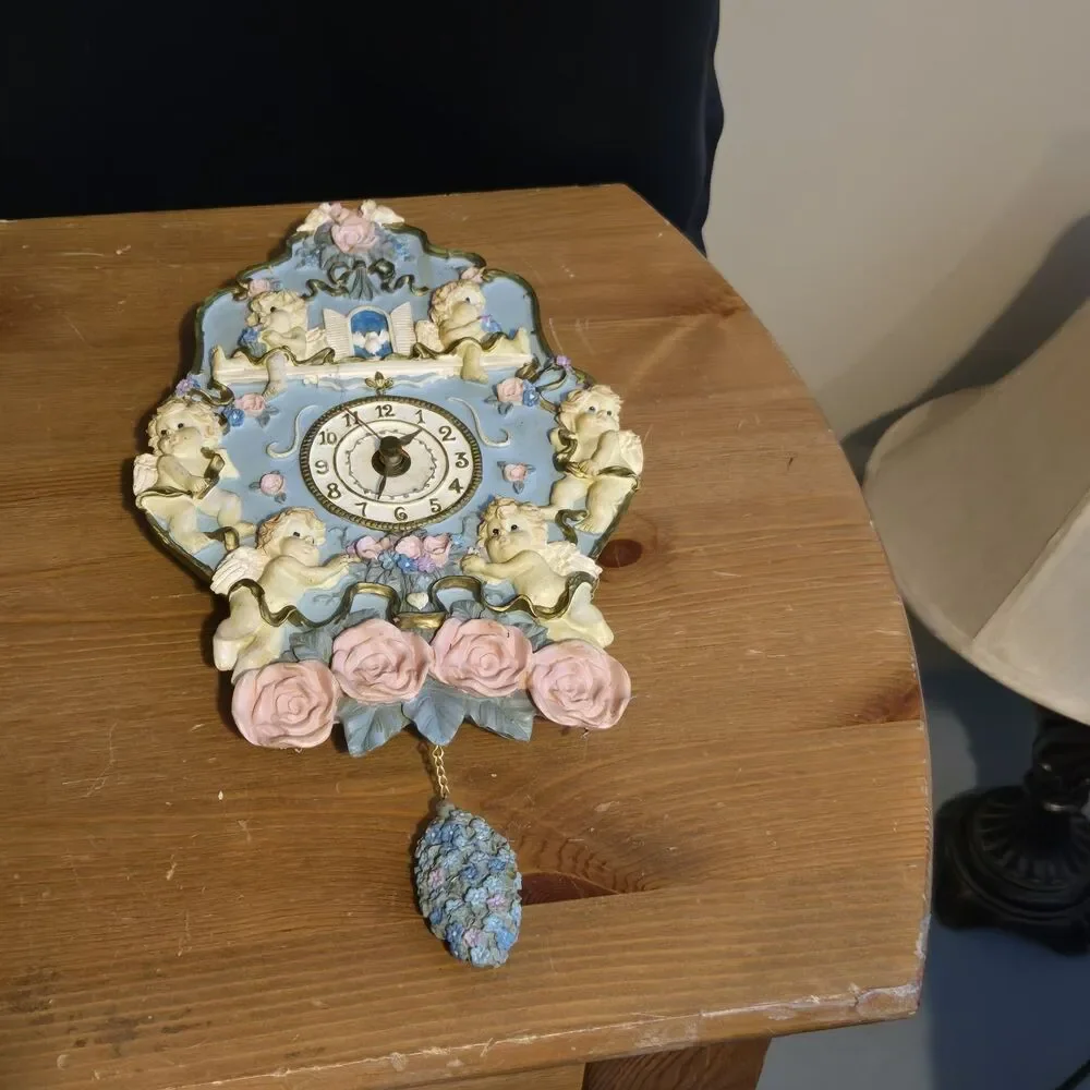 Vintage 90s 3D Cherub Angel & Pink Roses Chime Music Wall Clock, Working